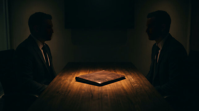 Two businessmen in suits in a dimly lit room with a briefcase on the table