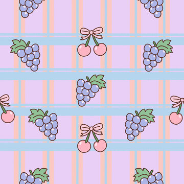 Purple Grape Cherry Fruit Plaid Pattern Retro Kawaii Cottagecore Pastel Style Cute Juicy Playful Feeling For Wrapping Paper And Social Media Background For Small Business
