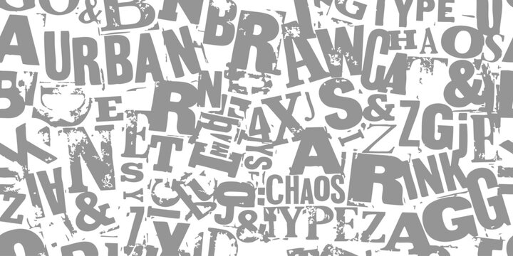 Seamless pattern with many grey letters and alphabet characters arranged in a messy and creative typography style