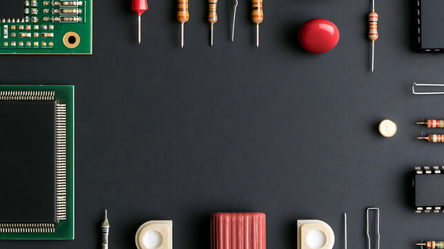 Flat lay of electronic components, resistors, and microchips arranged in a frame on dark background with copy space for technology design