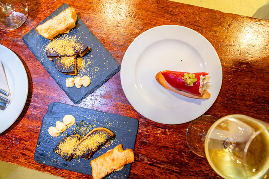 Basque pintxos and gourmet tapas on wooden table