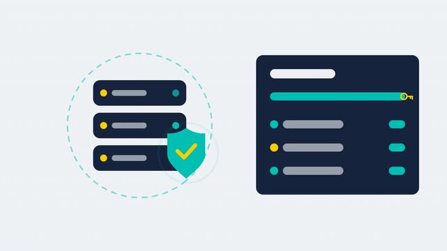 Flat design data protection animation with database stack, rotating protection ring, shield with check, encryption progress with key icon and status rows, 4K motion graphics.