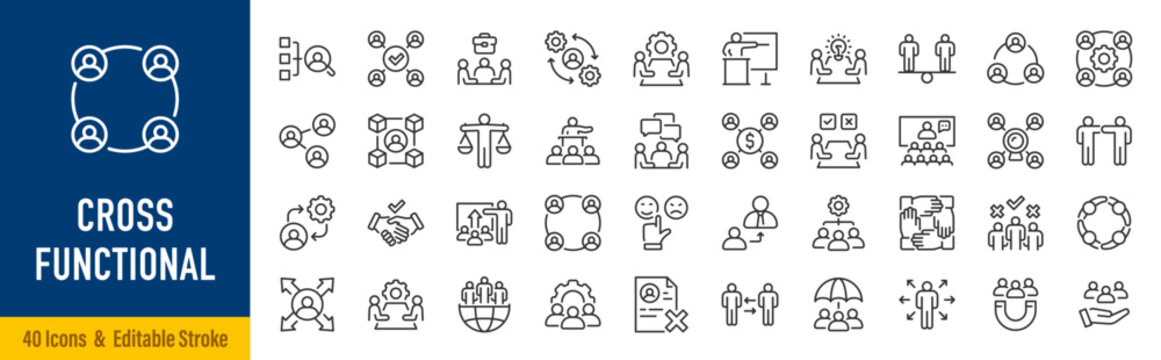 Cross Functional line icon set. Teamwork, collaboration, workflow, communication, management, project, integration, coordination, leadership, strategy, productivity, collection. Editable stroke Vector