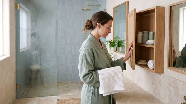 Morning self care beside an organized bathroom shelf