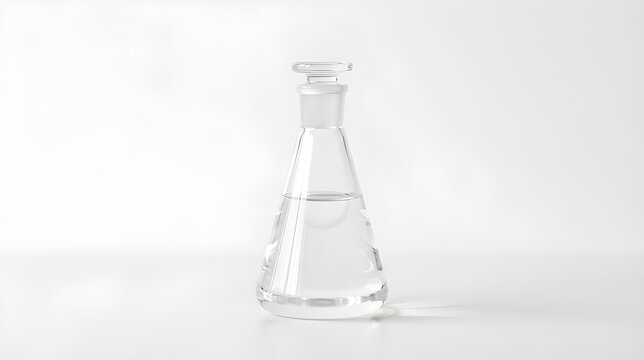 Clear glass Erlenmeyer flask with liquid isolated on a white background for laboratory use.