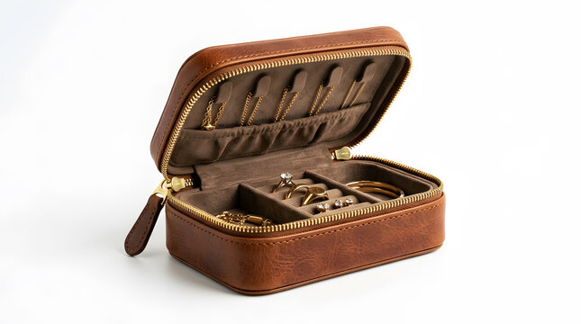 Open brown leather jewelry travel case isolated on white background