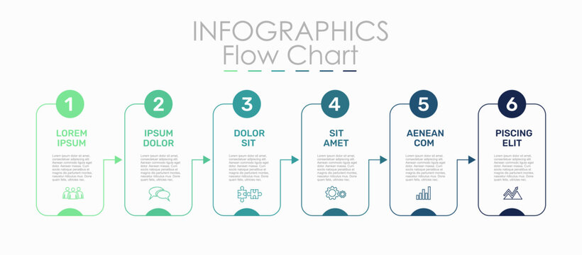 Six-step infographic flowchart template with colorful line blocks connected by arrows and thin icons. Vector illustration.