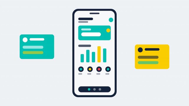 Neat flat design mobile dashboard animation with centered smartphone layout, balance card, mini bar chart, quick action buttons, bottom nav and floating side cards, 4K motion graphics.
