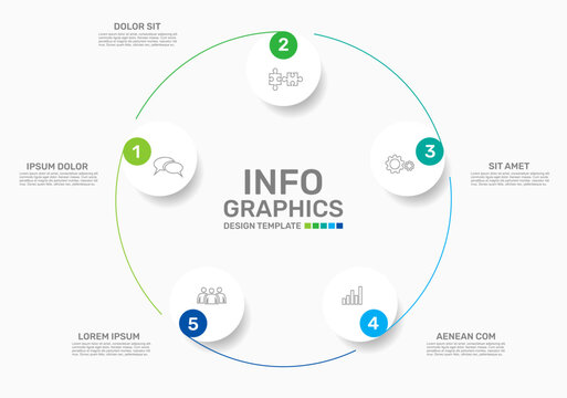 Modern circular business infographic template with colorful numbered steps, icons, and text. Vector illustration.
