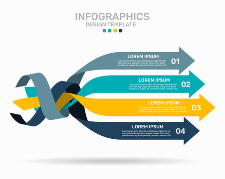 Four-step infographic design template featuring interwoven horizontal labeled arrows. Vector illustration.