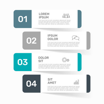 Business infographic template with four numbered options, horizontal rectangular banners, thin line icons. Vector illustration.