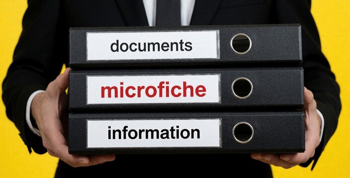 Person in suit holds stack of binders labeled documents, microfiche, and information. Archival storage for business data and records. Archive management concept.