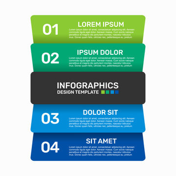 Infographic design template featuring stacked colorful rectangular banners with numbers, dummy text. Vector illustration.