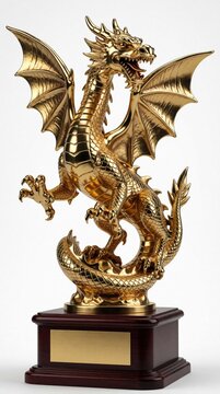 Golden dragon statue on wooden base. Fierce mythical creature symbol of power and success stands proudly. Award winning fantasy figure, premium prize for achievement.