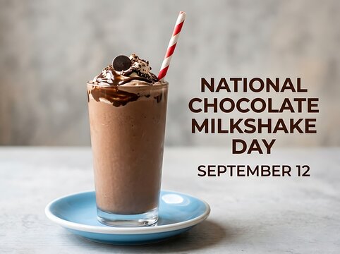Delicious chocolate milkshake with whipped cream and cookie in tall glass for celebration day