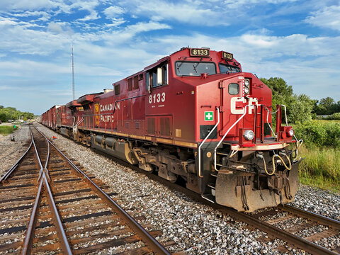 Savanna, Illinois Auggust 16, 2026 Canadian Pacific 8133 ES44AC locomotive leading a freight train on diverging mainline tracks