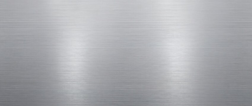 Brushed metal texture with horizontal grain, reflective silver surface with subtle light highlights and industrial metallic finish