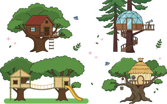 Cute treehouse vector illustration set featuring various creative wooden tree houses including a playground with slide geodesic dome hut and classic cabin elevated