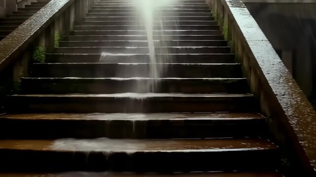 Ancient stairway with flowing water cascading through ruins.