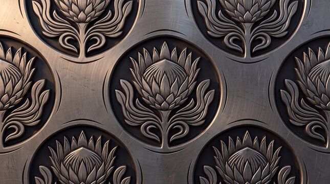 Brushed metal wall panel with repeating protea flower relief and circular frames steel