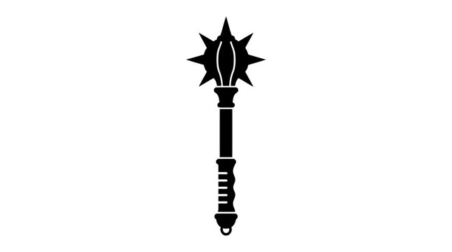 A flanged mace with a spiked head is shown in black silhouette