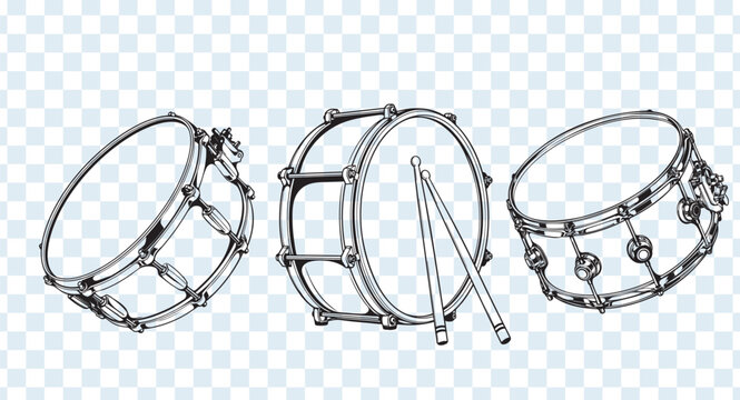 Outline collection of snare drums shown from different angles, including drumsticks. Vector line art set for music, percussion, band, concert and recording studio designs.
