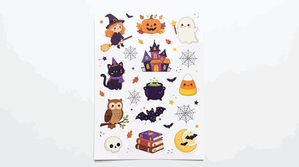 Fototapeta premium Cute halloween sticker sheet with witch cat ghost pumpkin haunted house and spooky elements