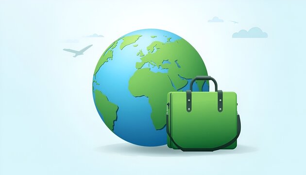 Around the World Travel Concept with Green Travel Bag, Vector Illustration Featuring Global Journey, Tourism Adventure and International Vacation Theme