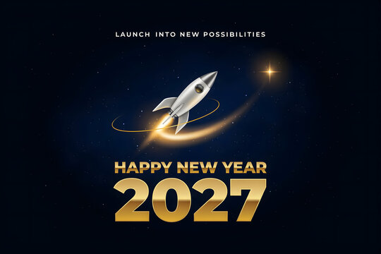 A silver rocket ship launching into the dark starry night sky with a golden trail, celebrating the arrival of the happy new year 2027 season