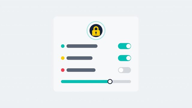 Flat design privacy settings animation with lock header, toggle switches flipping on and off, sliding privacy level slider and pulse ring, precise centered layout, 4K motion graphics.