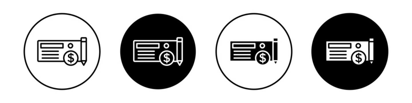 Money check icon flat outline in black