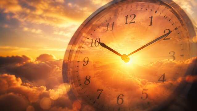 Double exposure of a time clock face with a beautiful summer morning sunrise sky.