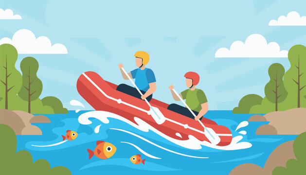 Two adventurous people wearing helmets and life jackets while navigating a red inflatable raft through river rapids with fish jumping nearby.