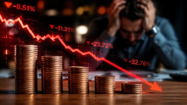 Stressed businessman clutches his head during a great economic recession with decreasing coins and red downturn graph.