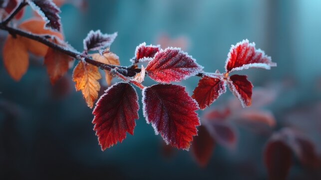 Frosted autumn leaves closeup with morning light and cool blue background, with leaf, frost, autumn, closeup detail, showing orange, red, ice, crystal context, with clear visible detail