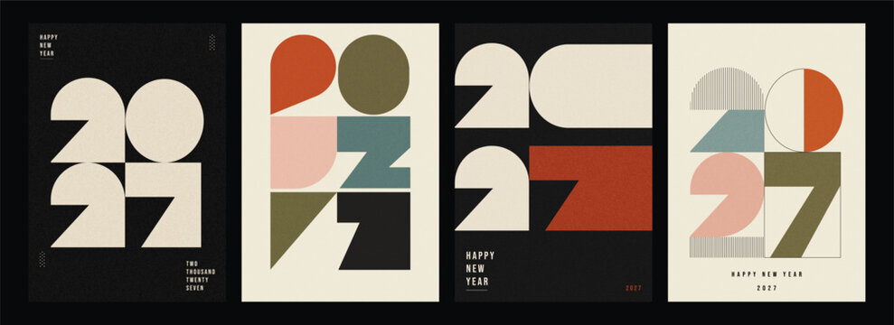 Set of four minimalist happy new year 2027 greeting card designs with abstract geometric typography and modern retro color palette on dark and light backgrounds