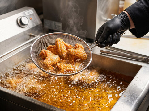 Hand lifting crispy fried chicken wings with a wire strainer from hot bubbling oil in a deep fryer