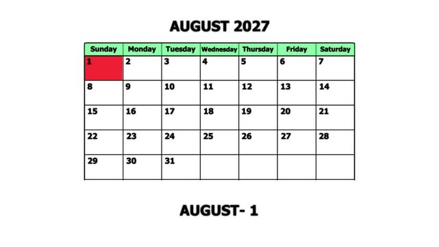 August 2027 monthly calendar page with highlighted first day for business planning and scheduling monthly planner