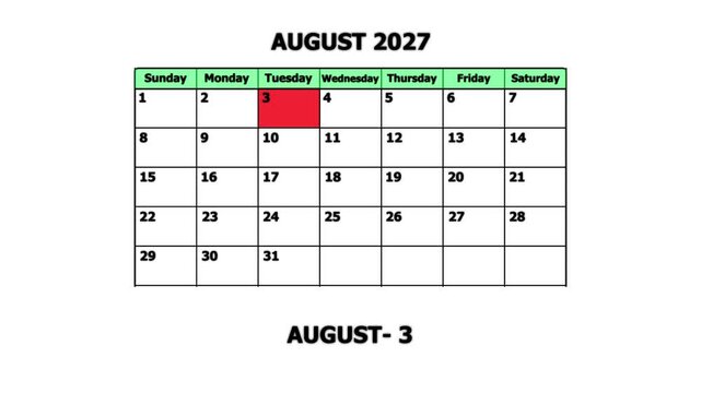 August 2027 calendar page with highlighted tuesday august 3rd date for planning and scheduling schedule