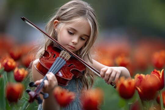 Young girl plays violin among vibrant tulips in a spring garden concert