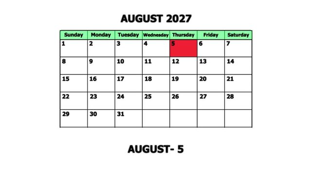 August 2027 calendar page highlighted with august 5th date marker for planning and scheduling schedule