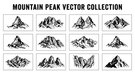 Fototapeta premium Set of hand drawn mountain peak illustrations for logo design and outdoor adventure branding elements collection