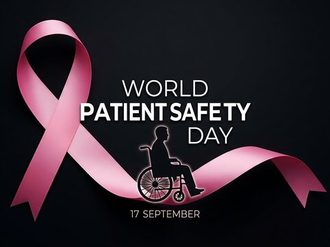 World patient safety day awareness illustration with ribbon and wheelchair silhouette design concept