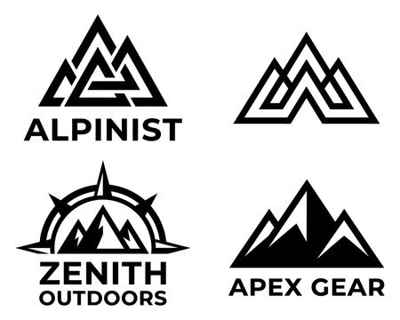 Set of four minimalist mountain logo designs for outdoor adventure brands and hiking apparel companies