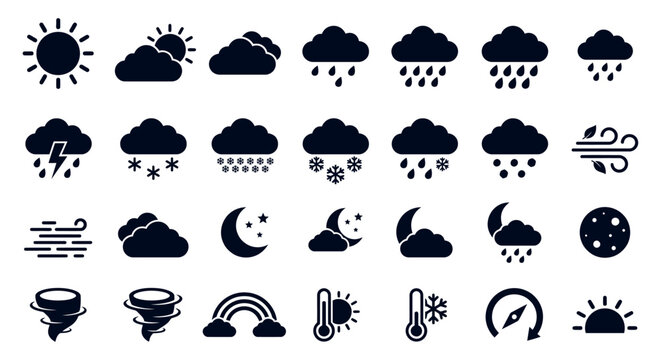 Collection of weather icons including sun clouds rain snow and moon phases