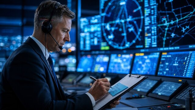 Professional air traffic controller monitoring aviation data on digital radar screens.