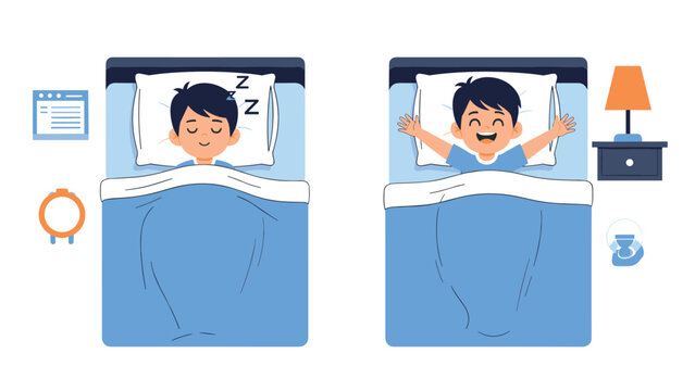 Two-panel illustration showing a boy sleeping peacefully in his bed and waking up full of energy in the morning.