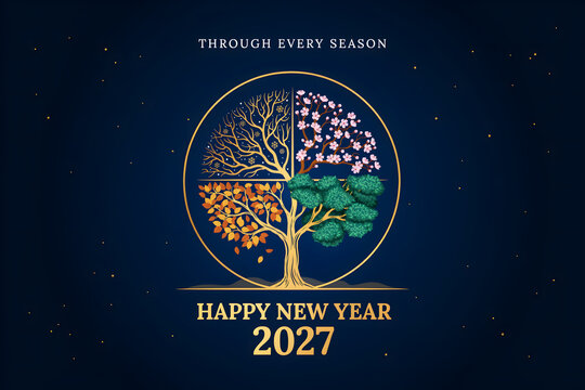Artistic happy new year 2027 card with a four seasons tree symbolizing growth and change on a deep blue background, with stars