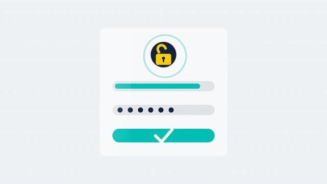 Flat design secure login animation with lock icon, typing username field with caret, popping password dots, button press with loading spinner and unlock success check, balanced layout, 4K motion graph