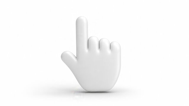 3D illustration of a white click pointer cursor hand icon on a white background.